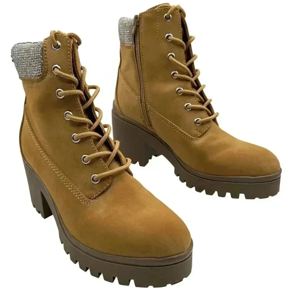 Wild Pair Womens 9M Bentli Nubuck Embellished Combat & Lace-up Boots Tan Nubuck
